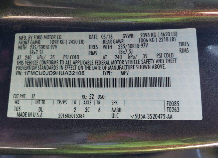 Photo 9 of 2017 Ford Escape TITANIUM (VIN 1FMCU0JD9HUA32108)