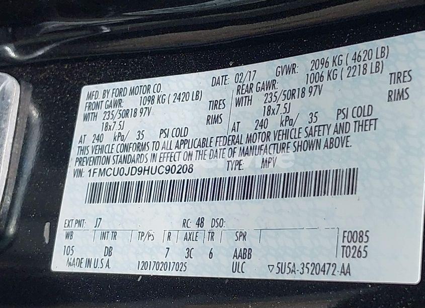 Photo 9 of 2017 Ford Escape TITANIUM (VIN 1FMCU0JD9HUC90208)