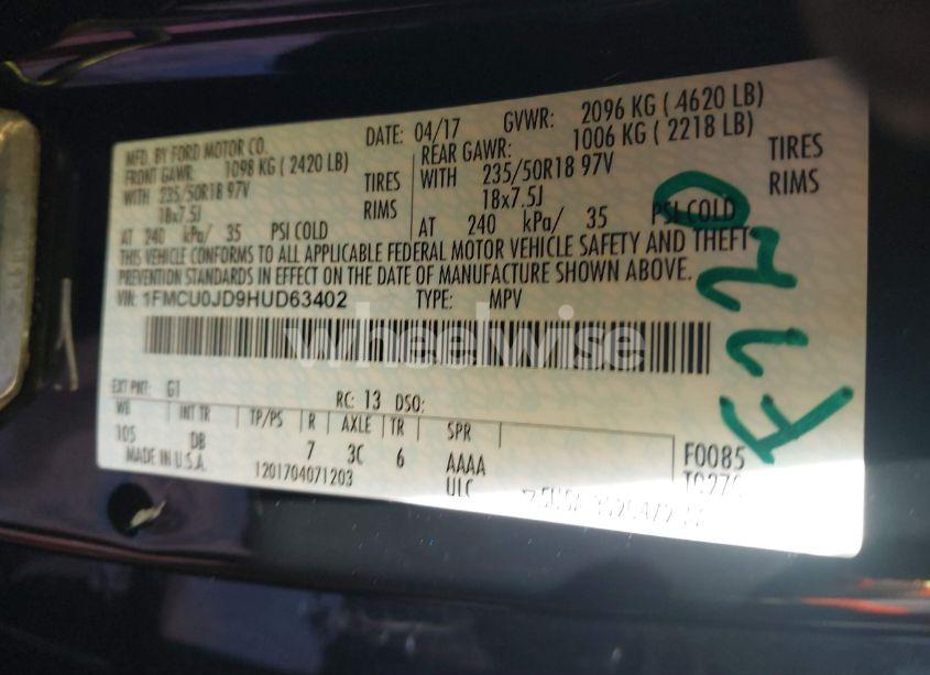 Photo 9 of 2017 Ford Escape TITANIUM (VIN 1FMCU0JD9HUD63402)