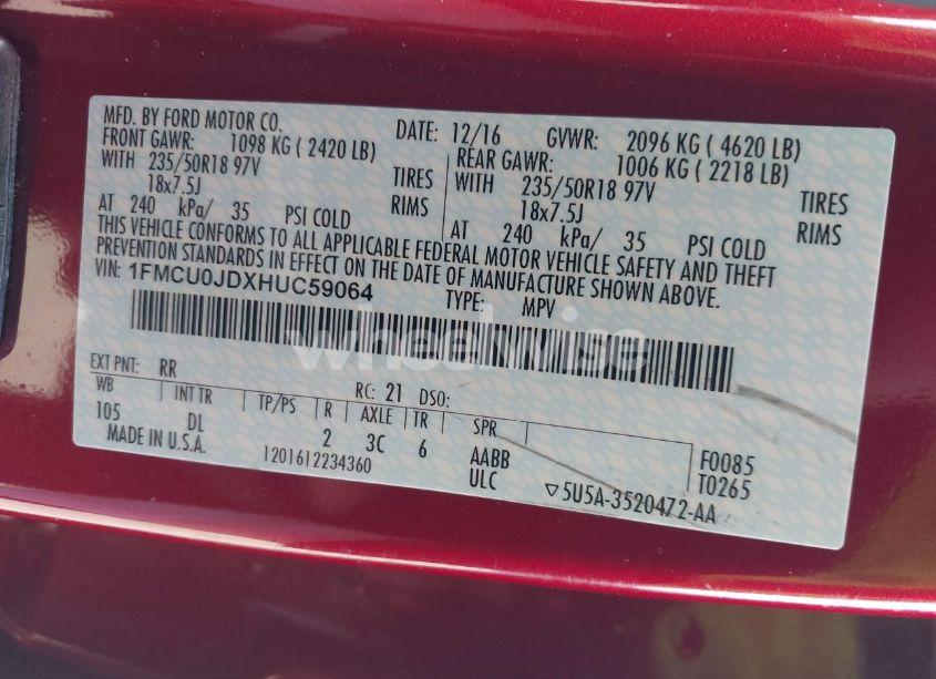 Photo 9 of 2017 Ford Escape TITANIUM (VIN 1FMCU0JDXHUC59064)