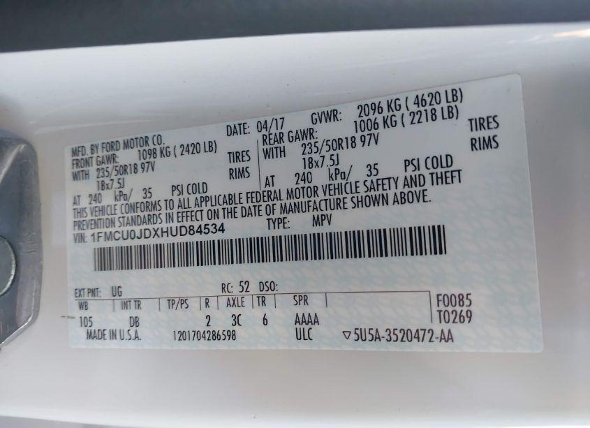 Photo 9 of 2017 Ford Escape TITANIUM (VIN 1FMCU0JDXHUD84534)