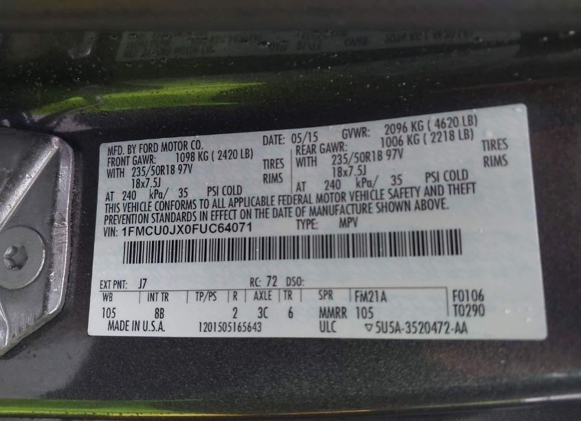 Photo 9 of 2015 Ford Escape TITANIUM (VIN 1FMCU0JX0FUC64071)