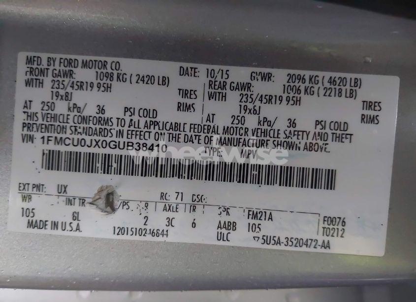 Photo 9 of 2016 Ford Escape TITANIUM (VIN 1FMCU0JX0GUB38410)