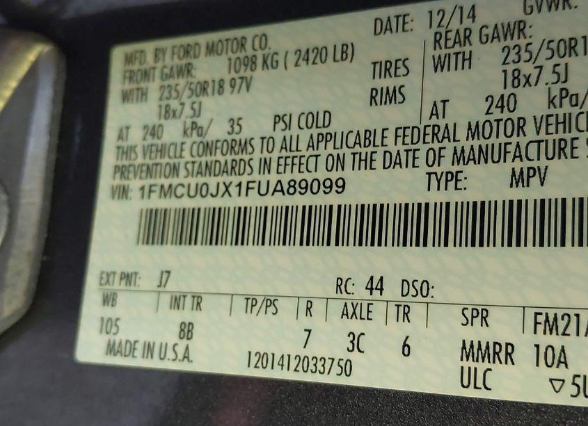 Photo 9 of 2015 Ford Escape TITANIUM (VIN 1FMCU0JX1FUA89099)