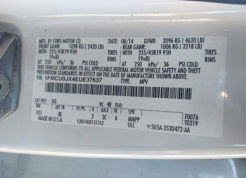 Photo 9 of 2014 Ford Escape TITANIUM (VIN 1FMCU0JX4EUE37637)