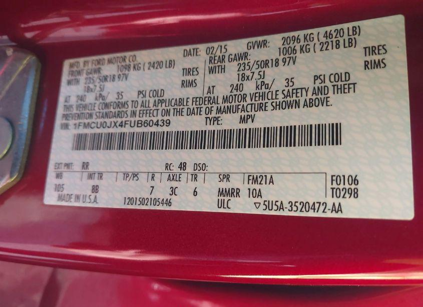 Photo 9 of 2015 Ford Escape TITANIUM (VIN 1FMCU0JX4FUB60439)