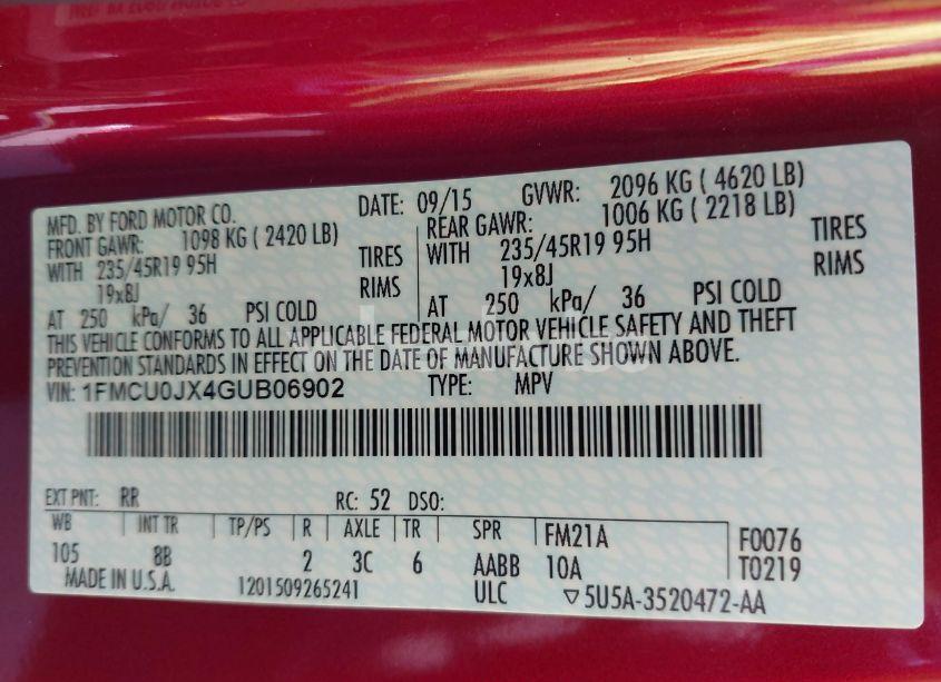 Photo 9 of 2016 Ford Escape TITANIUM (VIN 1FMCU0JX4GUB06902)