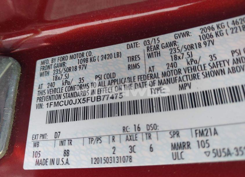 Photo 9 of 2015 Ford Escape TITANIUM (VIN 1FMCU0JX5FUB77475)