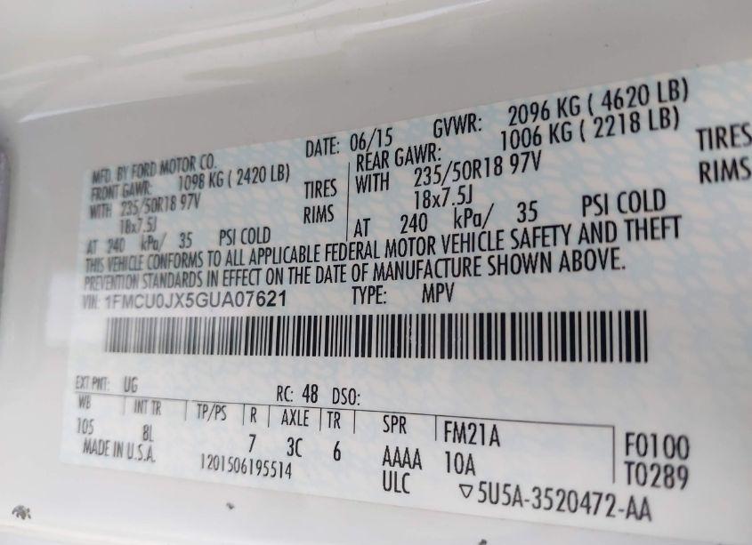 Photo 9 of 2016 Ford Escape TITANIUM (VIN 1FMCU0JX5GUA07621)