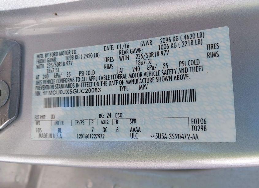 Photo 9 of 2016 Ford Escape TITANIUM (VIN 1FMCU0JX5GUC20083)