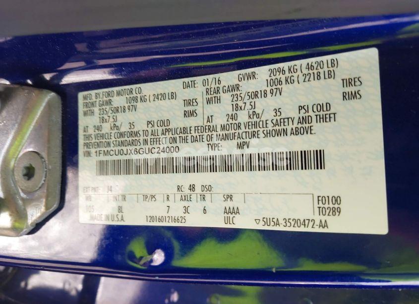 Photo 9 of 2016 Ford Escape TITANIUM (VIN 1FMCU0JX6GUC24000)