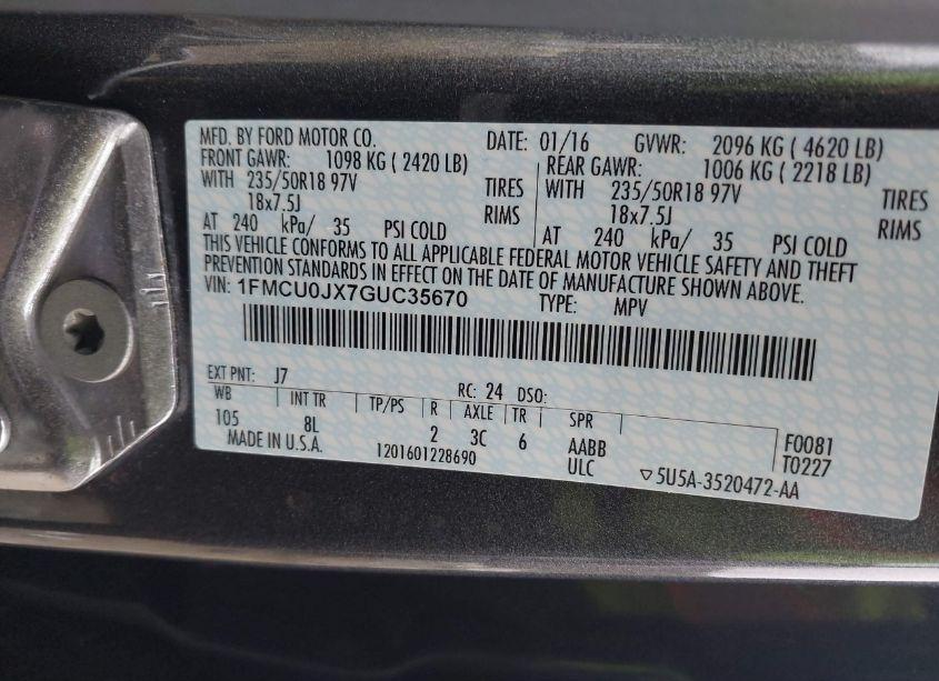 Photo 9 of 2016 Ford Escape TITANIUM (VIN 1FMCU0JX7GUC35670)