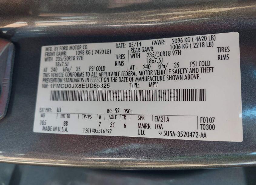 Photo 9 of 2014 Ford Escape TITANIUM (VIN 1FMCU0JX8EUD65325)