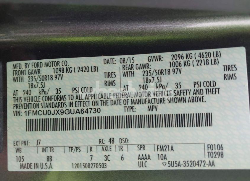 Photo 9 of 2016 Ford Escape TITANIUM (VIN 1FMCU0JX9GUA64730)