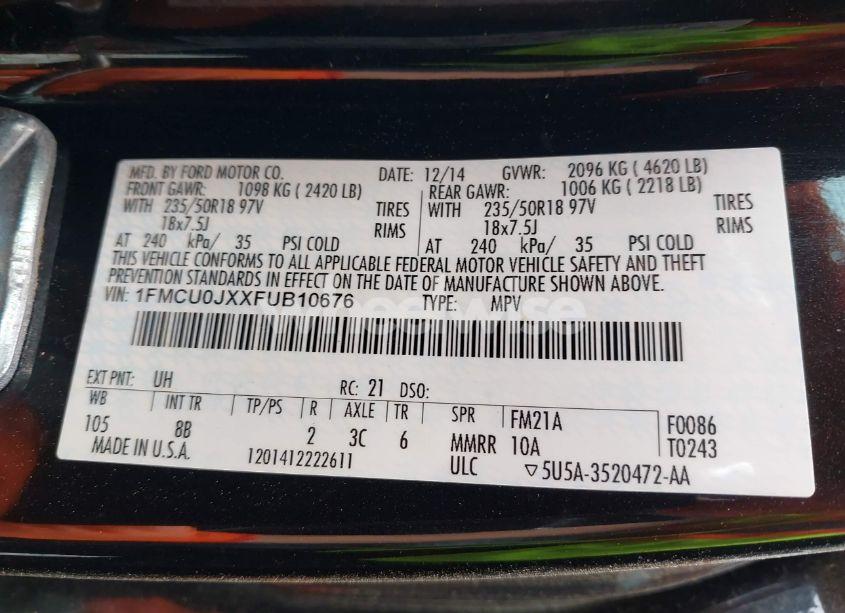 Photo 9 of 2015 Ford Escape TITANIUM (VIN 1FMCU0JXXFUB10676)