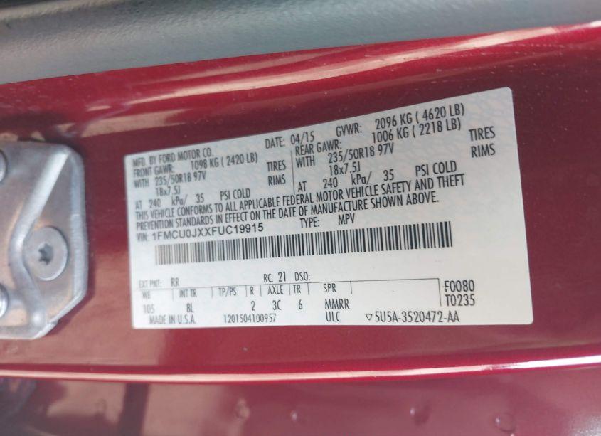 Photo 9 of 2015 Ford Escape TITANIUM (VIN 1FMCU0JXXFUC19915)