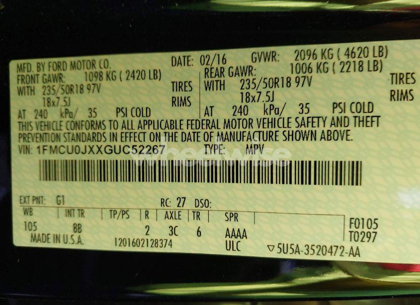 Photo 9 of 2016 Ford Escape TITANIUM (VIN 1FMCU0JXXGUC52267)