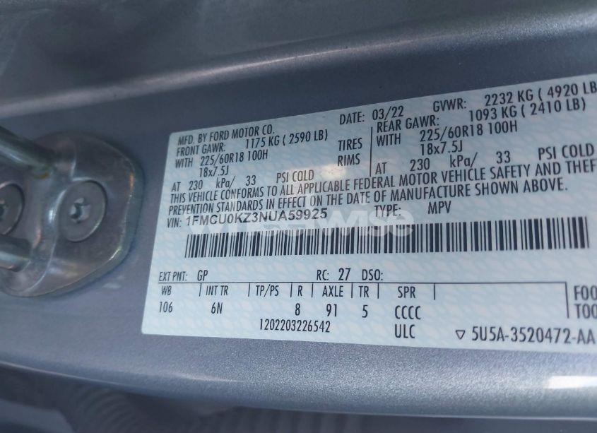 Photo 9 of 2022 Ford Escape SEL PLUG-IN HYBRID (VIN 1FMCU0KZ3NUA59925)