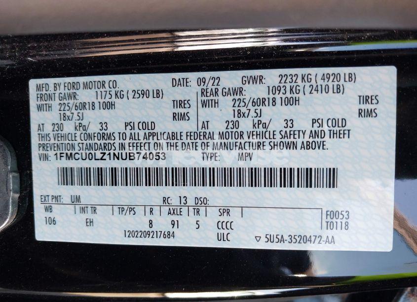 Photo 9 of 2022 Ford Escape TITANIUM PLUG-IN HYBRID (VIN 1FMCU0LZ1NUB74053)