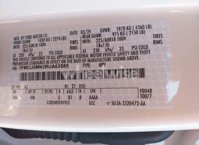 Photo 9 of 2024 Ford Escape ST-LINE (VIN 1FMCU0MN3RUA63585)