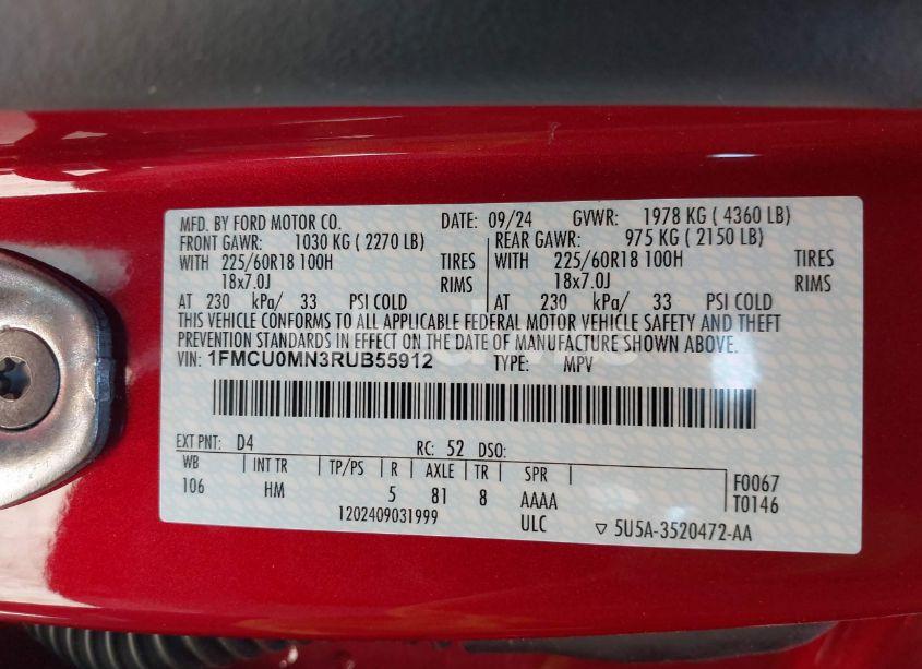 Photo 9 of 2024 Ford Escape ST-LINE (VIN 1FMCU0MN3RUB55912)