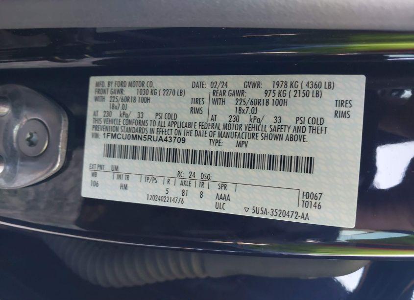 Photo 9 of 2024 Ford Escape ST-LINE (VIN 1FMCU0MN5RUA43709)