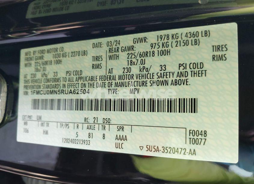 Photo 9 of 2024 Ford Escape ST-LINE (VIN 1FMCU0MN5RUA62504)