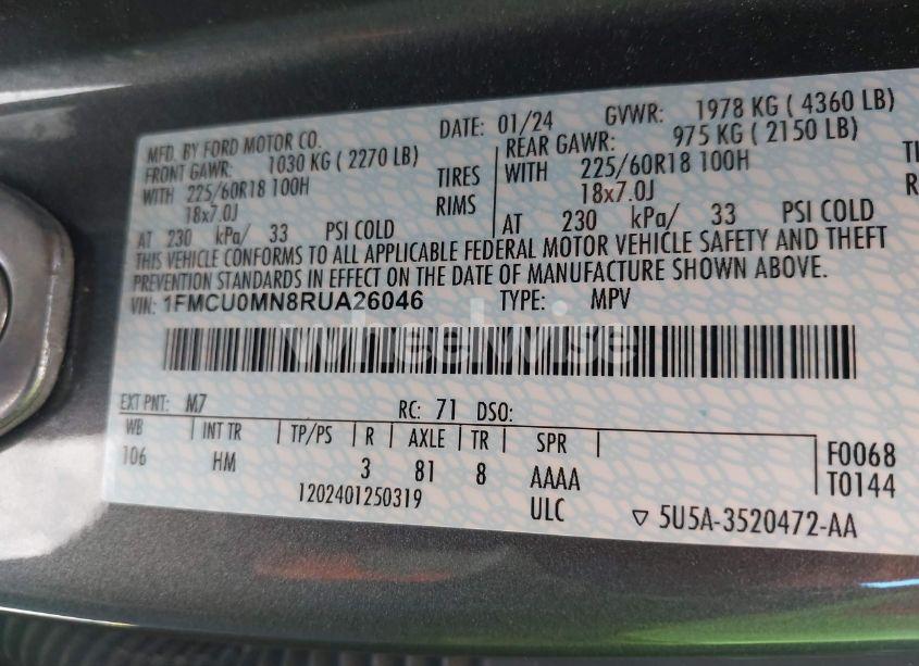 Photo 9 of 2024 Ford Escape ST-LINE (VIN 1FMCU0MN8RUA26046)