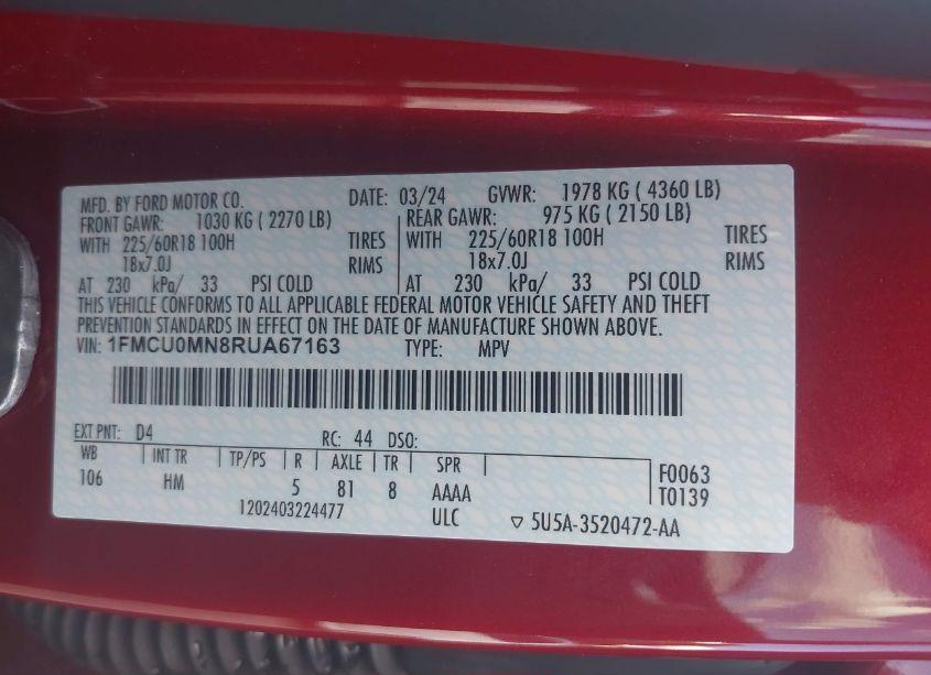 Photo 9 of 2024 Ford Escape ST-LINE (VIN 1FMCU0MN8RUA67163)