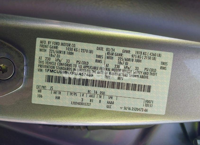 Photo 9 of 2024 Ford Escape ST-LINE (VIN 1FMCU0MNXRUA57489)