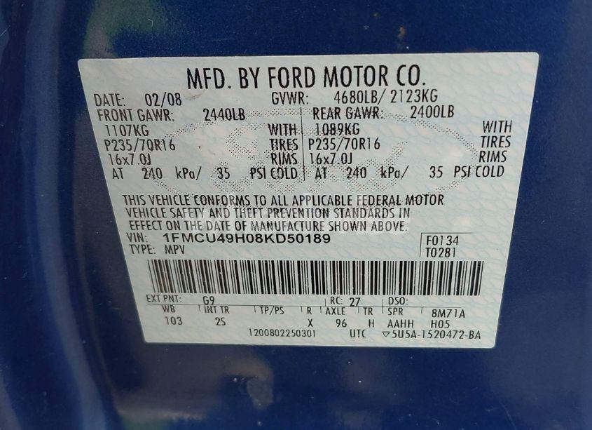 Photo 9 of 2008 Ford Escape HYBRID (VIN 1FMCU49H08KD50189)