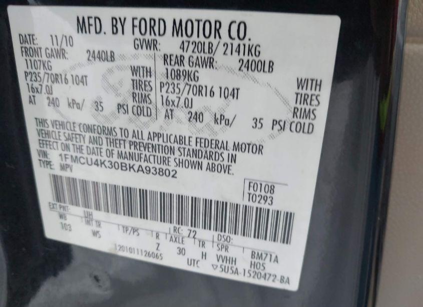 Photo 9 of 2011 Ford Escape HYBRID (VIN 1FMCU4K30BKA93802)