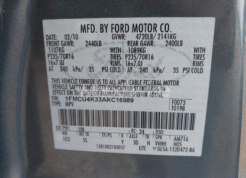 Photo 9 of 2010 Ford Escape HYBRID LIMITED (VIN 1FMCU4K33AKC16989)