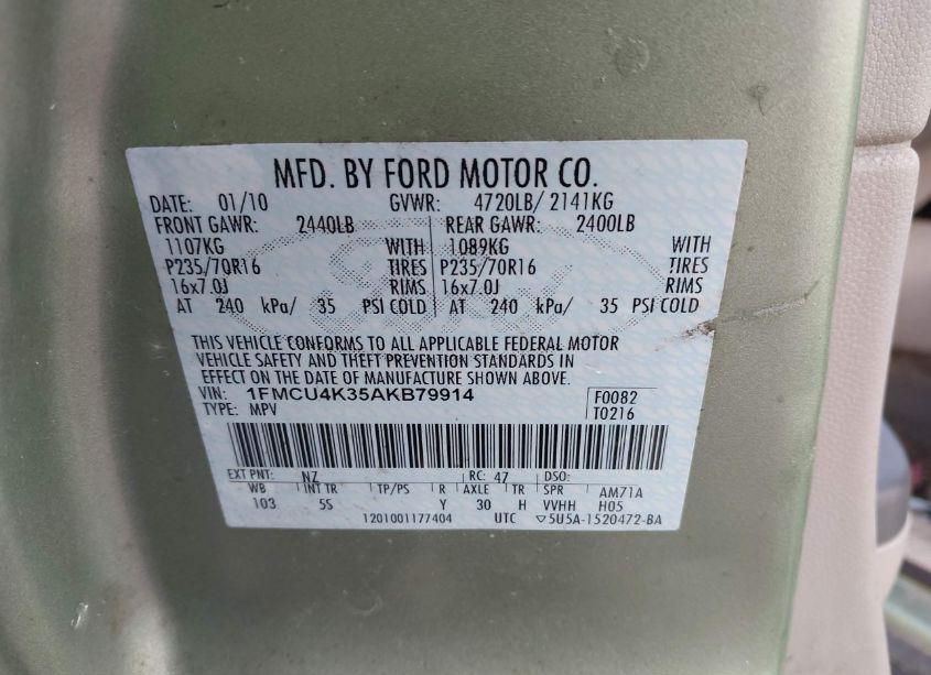 Photo 9 of 2010 Ford Escape HYBRID LIMITED (VIN 1FMCU4K35AKB79914)