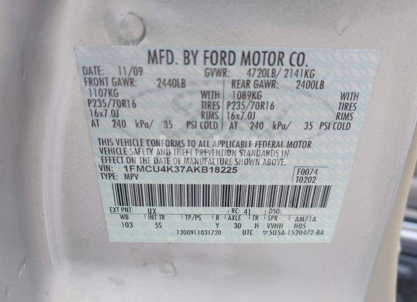 Photo 9 of 2010 Ford Escape HYBRID LIMITED (VIN 1FMCU4K37AKB18225)