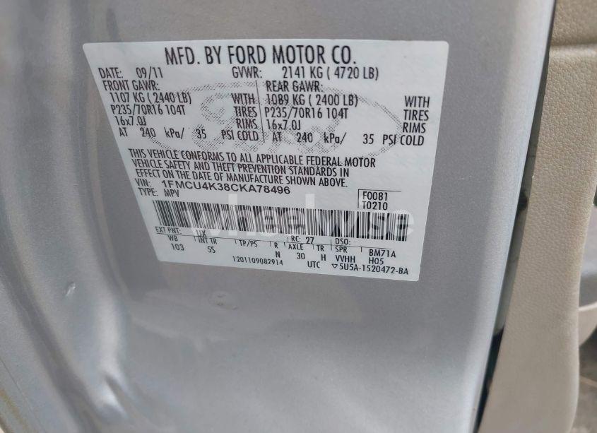 Photo 9 of 2012 Ford Escape HYBRID LIMITED (VIN 1FMCU4K38CKA78496)