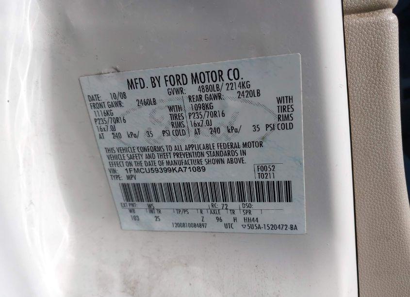 Photo 9 of 2009 Ford Escape HYBRID (VIN 1FMCU59399KA71089)