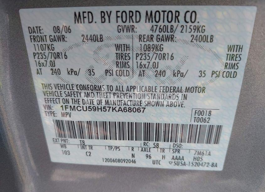 Photo 9 of 2007 Ford Escape HYBRID (VIN 1FMCU59H57KA68067)