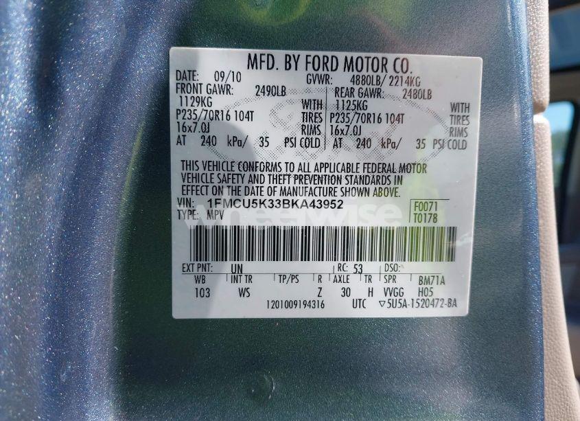 Photo 9 of 2011 Ford Escape HYBRID (VIN 1FMCU5K33BKA43952)