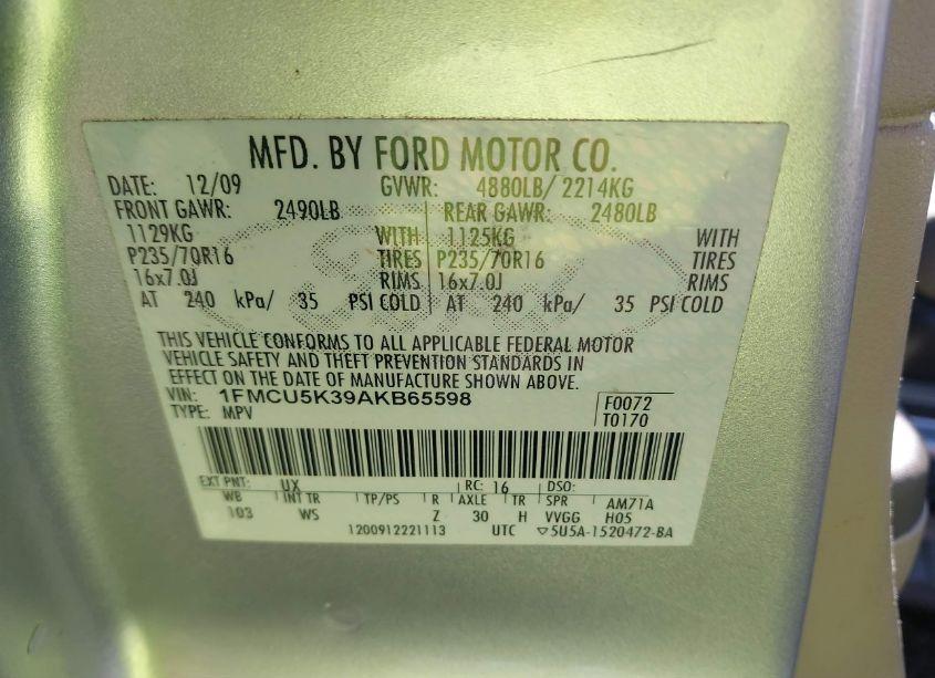 Photo 9 of 2010 Ford Escape HYBRID LIMITED (VIN 1FMCU5K39AKB65598)