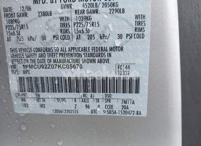 Photo 9 of 2007 Ford Escape XLS/XLS MANUAL (VIN 1FMCU92Z07KC05670)