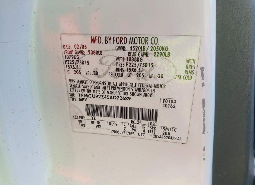 Photo 9 of 2005 Ford Escape XLS (VIN 1FMCU92Z45KD72689)