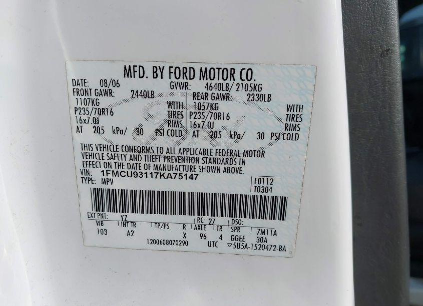 Photo 9 of 2007 Ford Escape XLT/XLT SPORT (VIN 1FMCU93117KA75147)