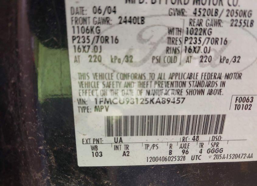 Photo 9 of 2005 Ford Escape XLT (VIN 1FMCU93125KA89457)