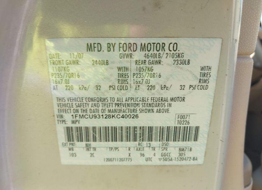 Photo 9 of 2008 Ford Escape XLT (VIN 1FMCU93128KC40026)