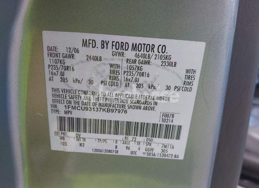 Photo 9 of 2007 Ford Escape XLT/XLT SPORT (VIN 1FMCU93137KB97976)