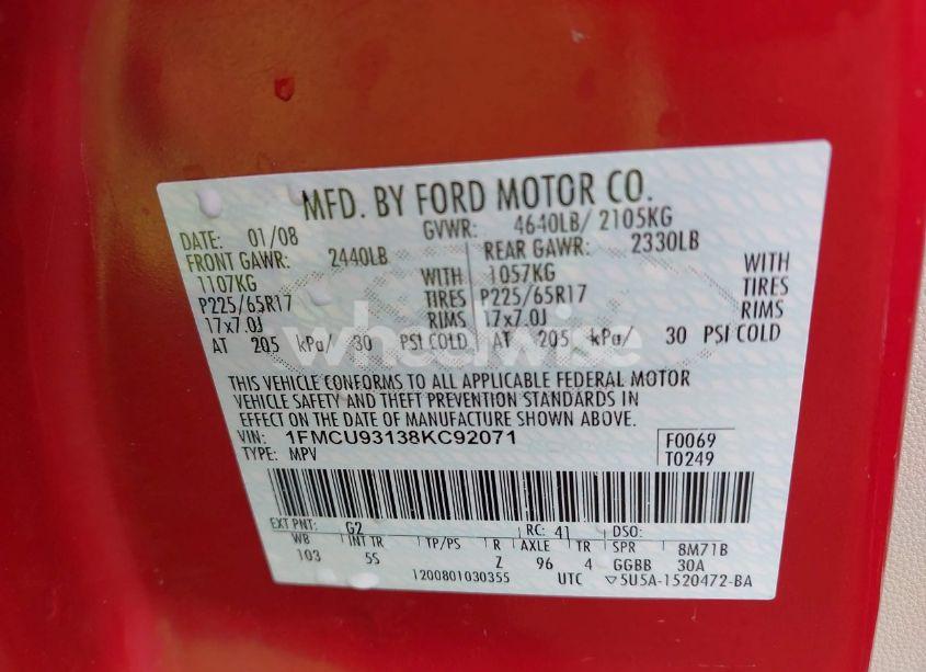 Photo 9 of 2008 Ford Escape XLT (VIN 1FMCU93138KC92071)