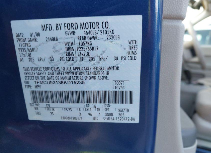 Photo 9 of 2008 Ford Escape XLT (VIN 1FMCU93138KD15235)