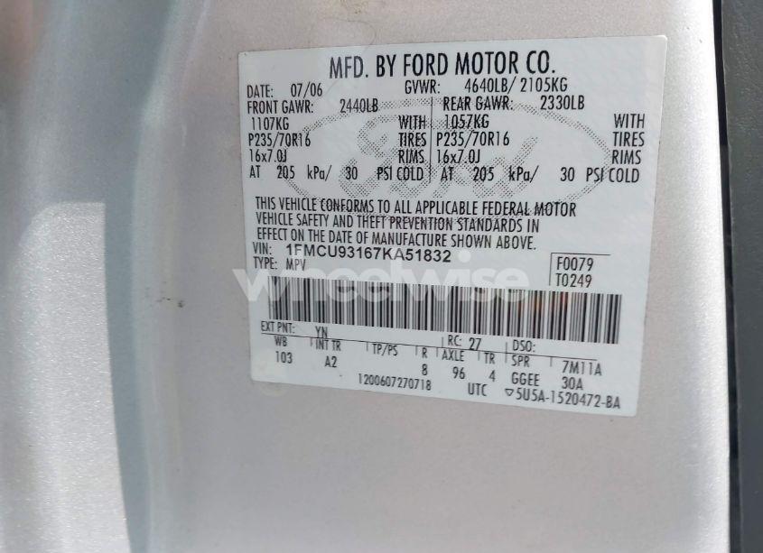 Photo 9 of 2007 Ford Escape XLT/XLT SPORT (VIN 1FMCU93167KA51832)