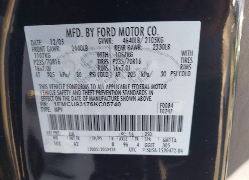 Photo 9 of 2006 Ford Escape XLT/XLT SPORT (VIN 1FMCU93176KC05740)